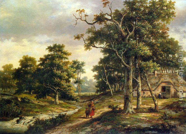 Hendrik Barend Koekkoek Peasant Woman and a Boy in a Wooded Landscape